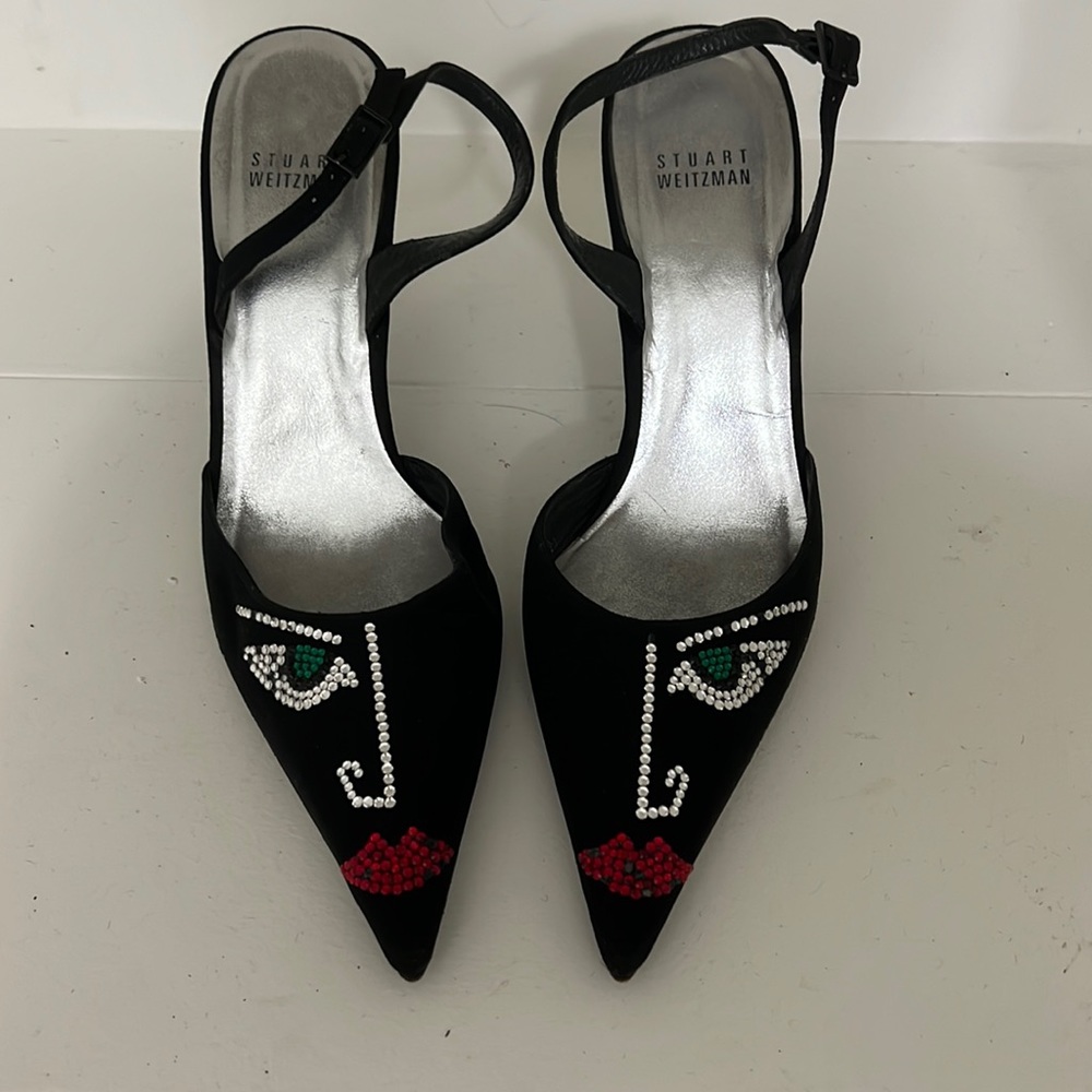 Stuart Weitzman pointed-toe black embellished sling back heels, Sz US 7.5